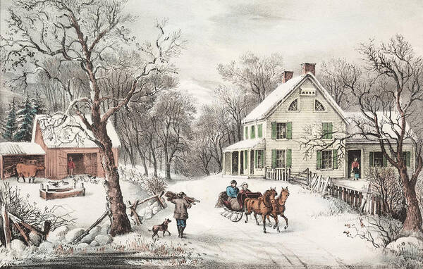 Wall Art - Drawing - American Homestead, Winter #1 by Currier and Ives