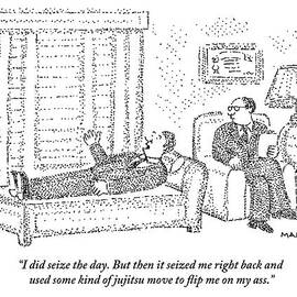 A Man Is Laying On The Psychiatrist's Couch by Robert Mankoff