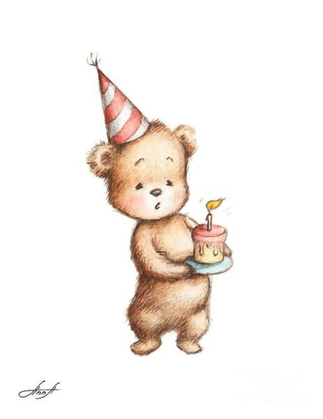 Wall Art - Painting - Drawing of Teddy Bear with Birthday Cake by Anna Abramskaya