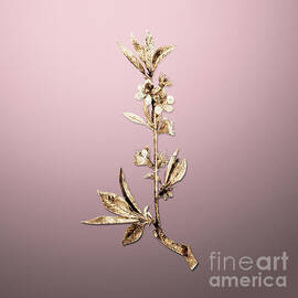 Gold Pink Flower Branch on Rose Quartz n.02768 by Holy Rock Design