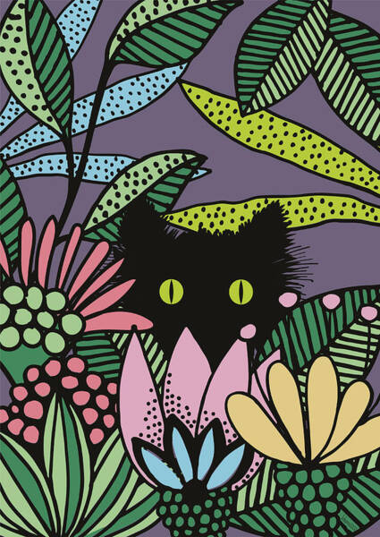 Wall Art - Drawing - Hide and Seek Cat in the Garden by Johanna Virtanen