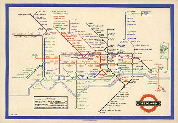 Wall Art - Drawing - Map of the London Underground - London Metro - 1933 - Historical Map by Studio Grafiikka