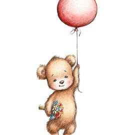 The Drawing of Teddy Bear with Red Balloon and Flowers by Anna Abramskaya