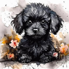 Watercolour painting of a cute black poodle puppy. Digital illus by N Akkash